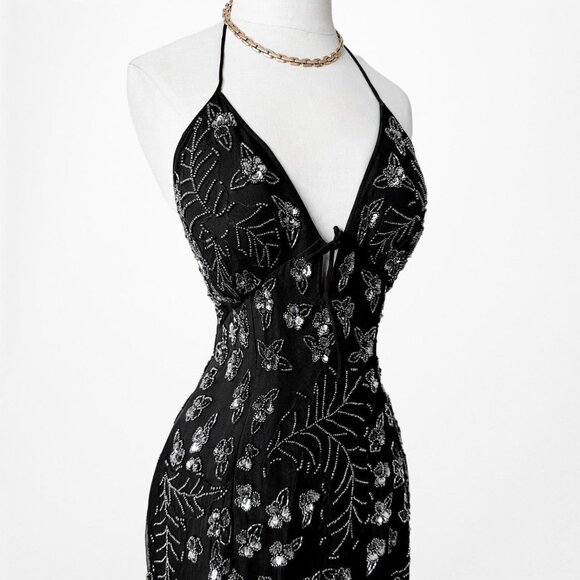 Vintage Black Silk Floral Beaded High Low FIt Flared Prom Dress Size M/L - Picture 7 of 7